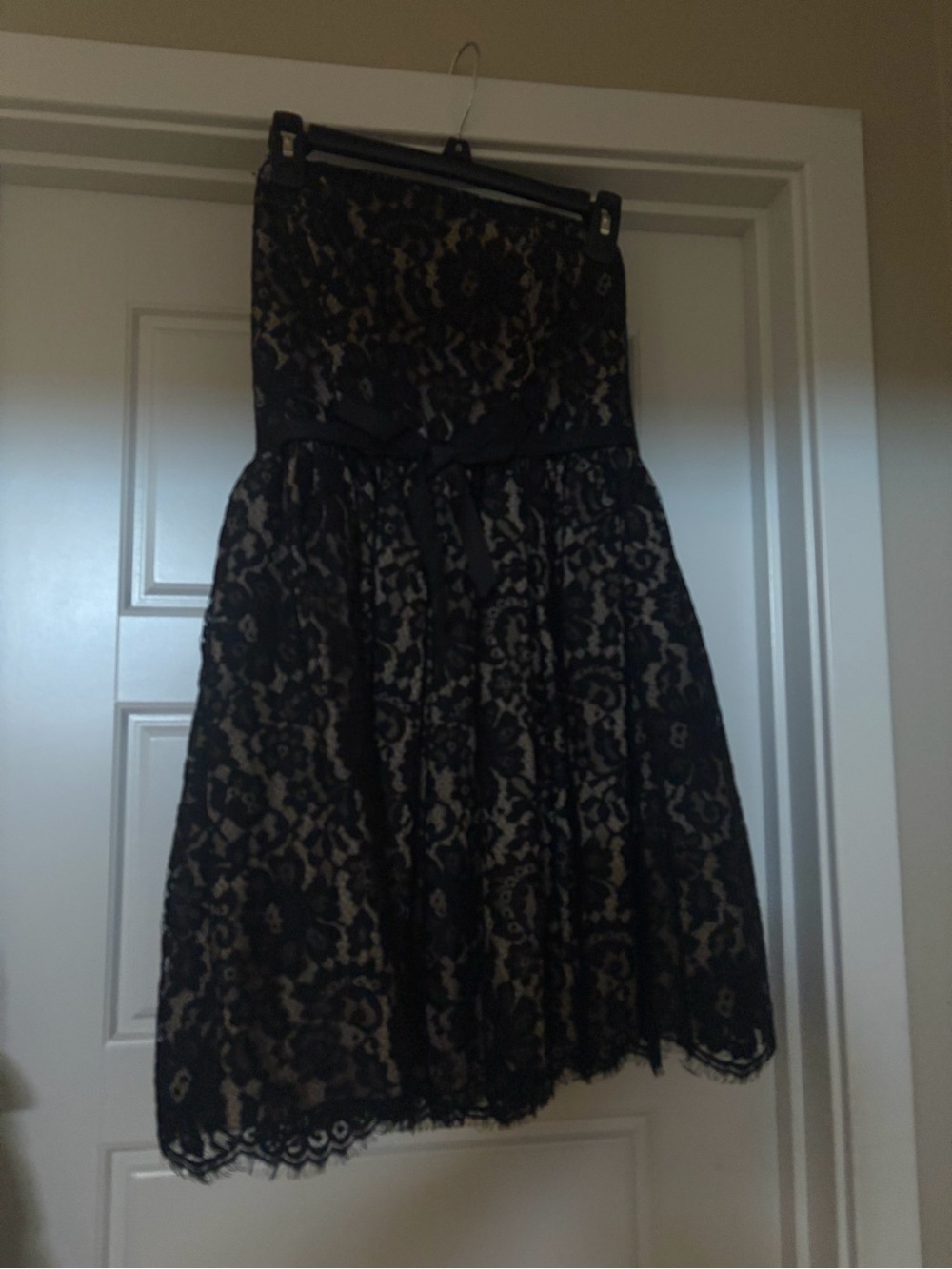 Neiman Marcus Black Lace Strapless Dress with Nude Underlay